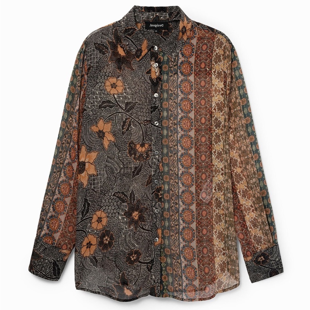 Desigual Mixed-Print Floral & Geometric Long-Sleeve Blouse in Black, Brown & Tan